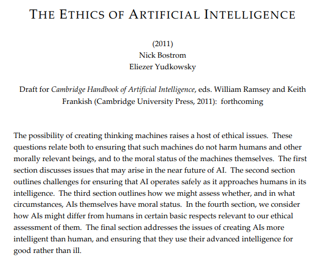From Cambridge: Handbook of Artificial Intelligence (draft): The Ethics of Artificial Intelligence